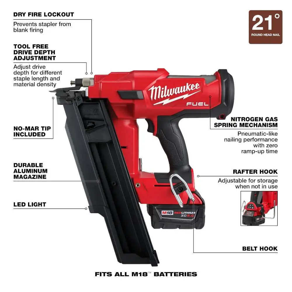 Milwaukee M18 FUEL 3-1/2 in. 18-Volt 21 Deg. Lithium-Ion Brushless Cordless Framing Nailer Kit with 5.0 Ah Battery, Charger, Bag 2744-21