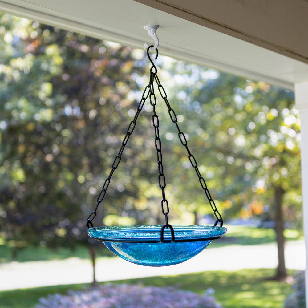 ACHLA DESIGNS 12.5 in. Tall Teal Crackle Glass Hanging Birdbath Bowl BBH-02T