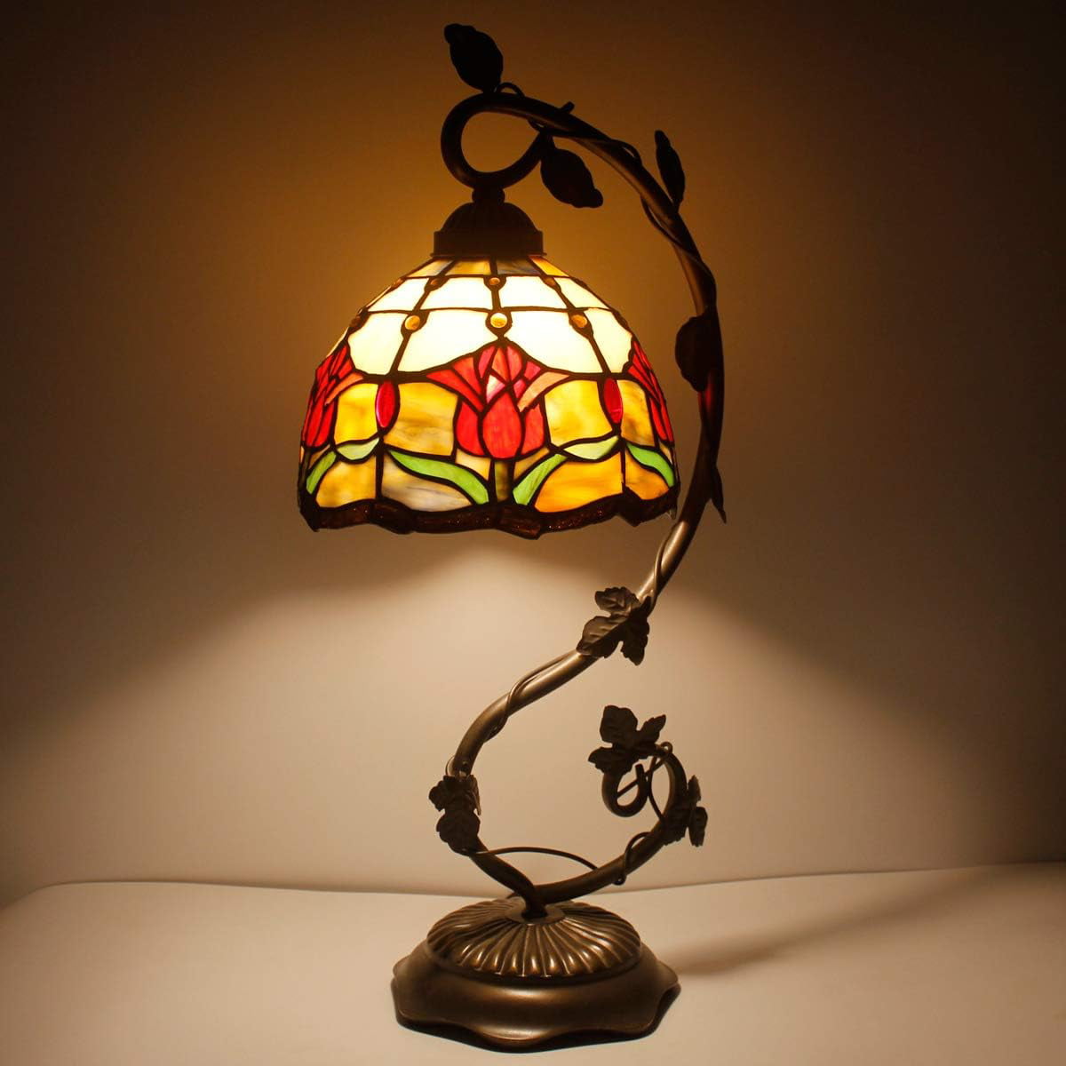 GEDUBIUBOO  Lamp Red Stained Glass Tulip Table Lamp  Metal Leaf Base 8X10X21 Inches Reading Desk Light Decor Small Space Bedroom  Office S030 Series