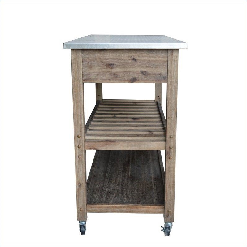 Boraam Sonoma Wood Kitchen Cart with Stainless Steel Top - Barnwood Wire-Brush Finish