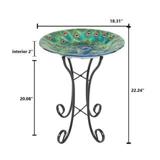 Luxen Home Peacock Glass Bird Bath with Metal Stand WHP1164