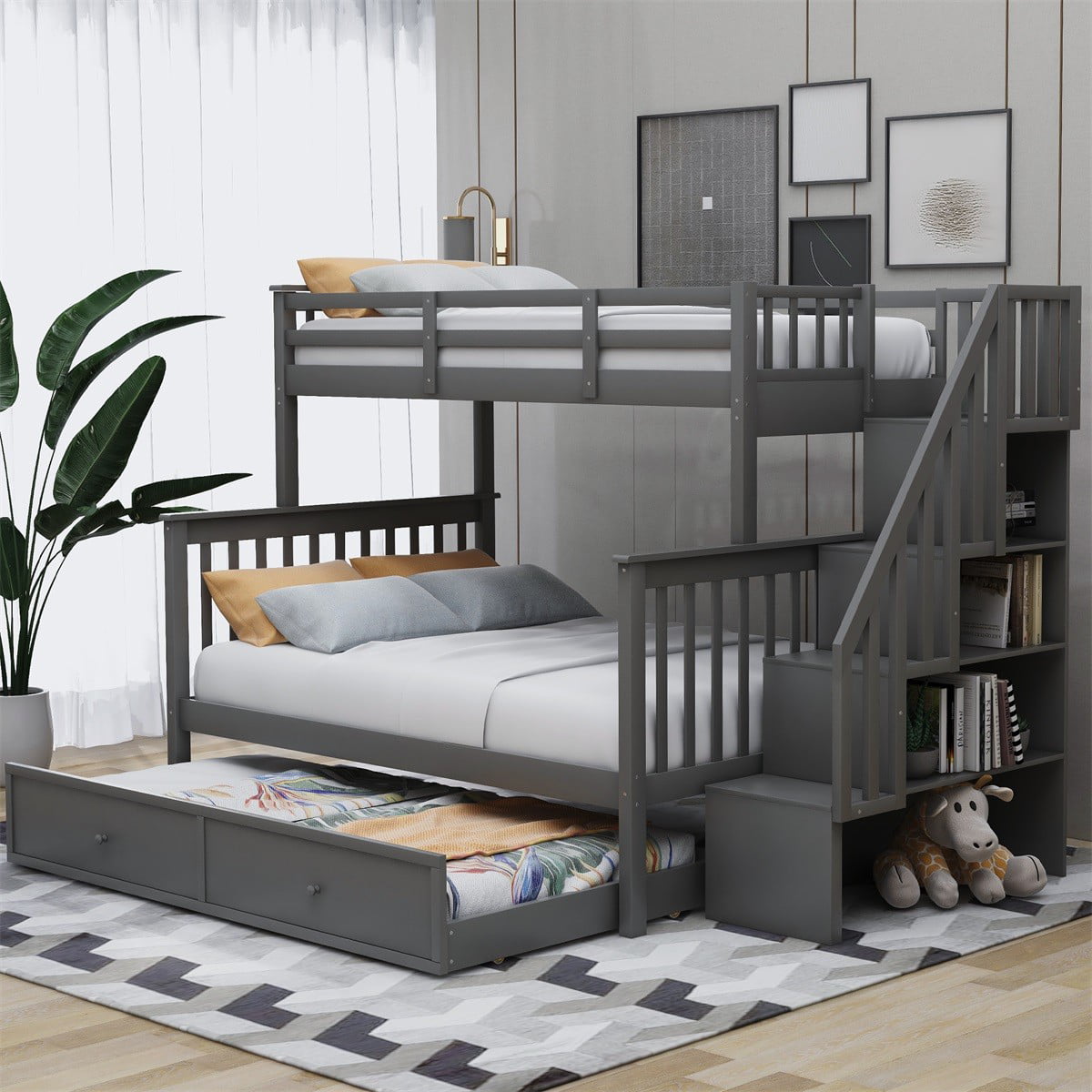 VIRUBI Twin over Full Bunk Bed with Twin Trundle, Storage Shelves, Full-Length Guardrail and Stairs, Multiple Colors