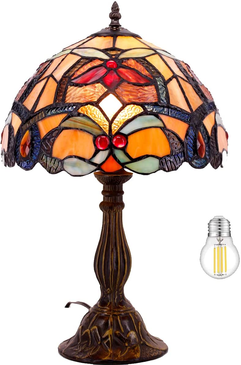 SHADY  Table Lamp Orange Stained Glass Flower Liaison Style Reading Desk Bedside Light 12X12X18 Inches Decor Bedroom Living Room Home Office S617 Series