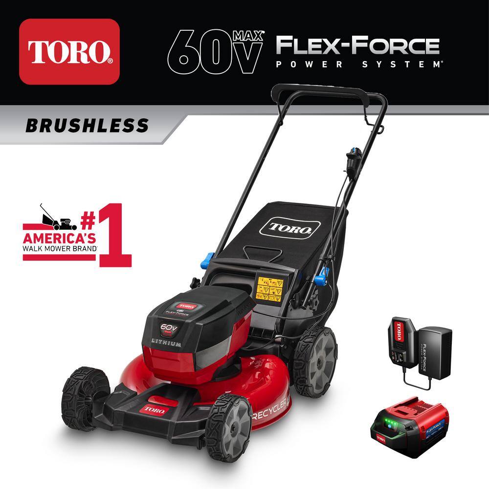 Toro 21323 21in. Recycler SmartStow 60-Volt Lithium-Ion Brushless Cordless Battery Walk Behind Push Mower - 4.0 Ah Battery， Charger