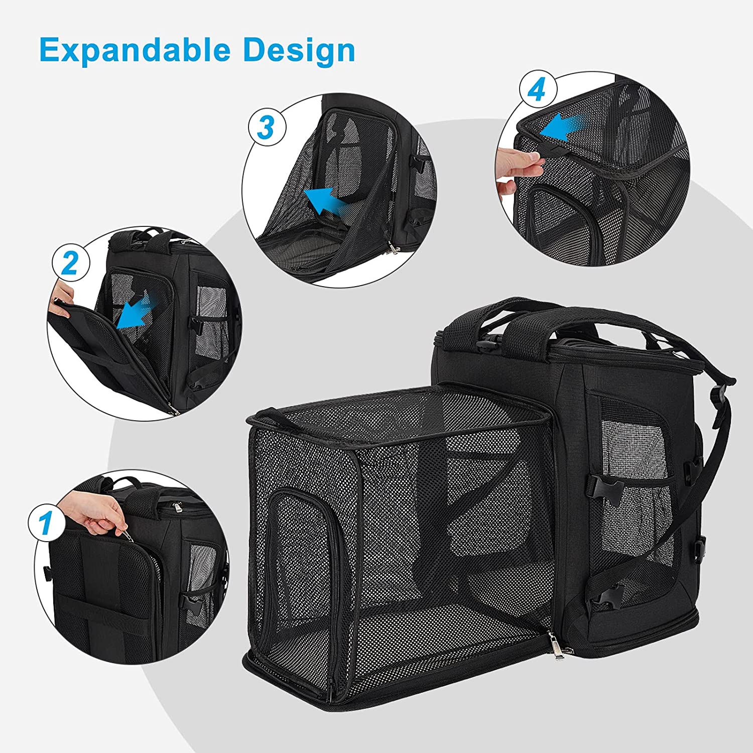 Pet Carrier Backpack with Detachable Side Pockets for Cats and Dogs， Expandable Cat Dog Puppy Carrier Backpacks， Airline Approved， for Travel / Hiking / Outdoor Use， Black