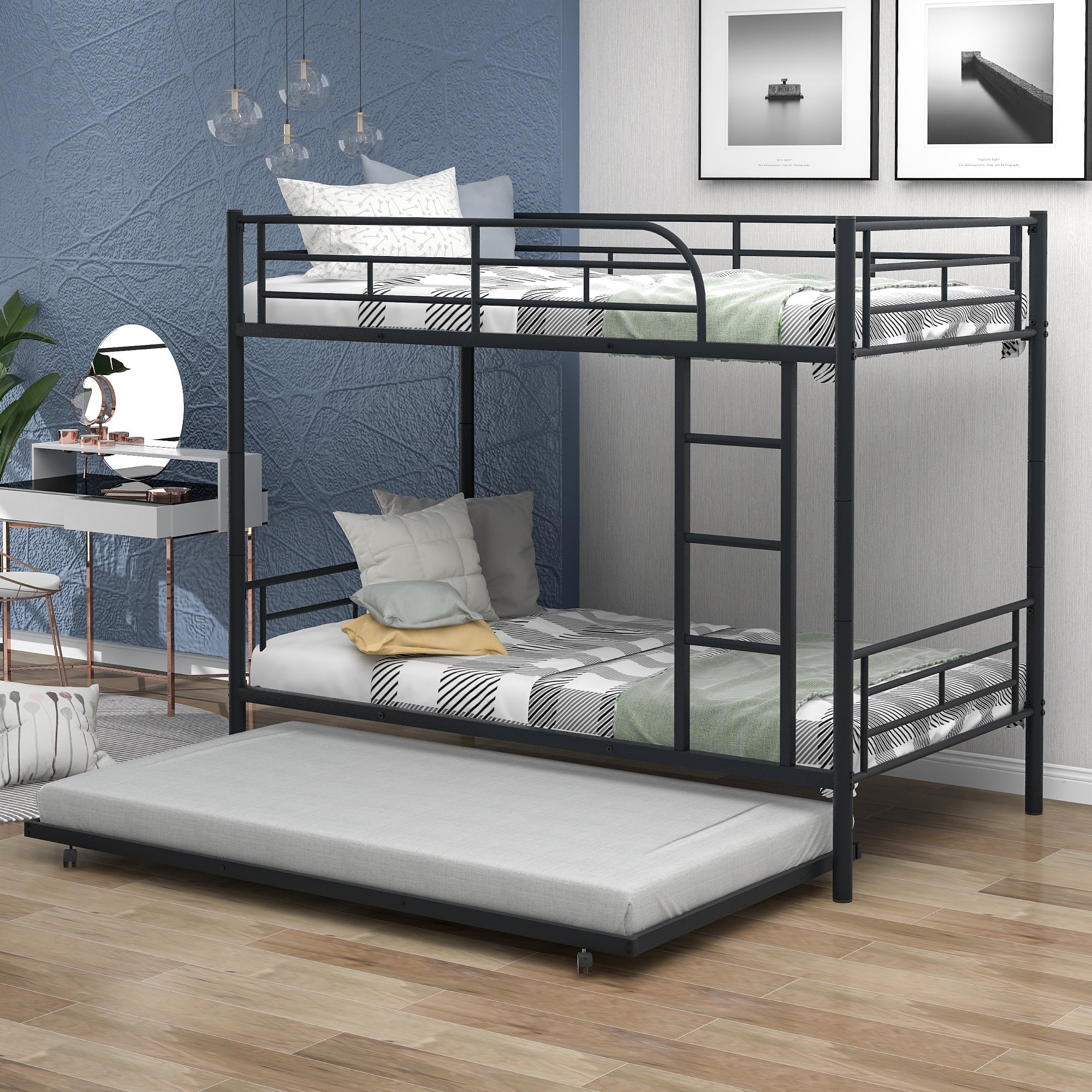 uhomepro Metal Twin Over Twin Bunk Beds with Trundle Bed, Twin Bunk Beds for Kids Adults Teens, Bunk Bed Can Be Divided Into 2 Twin Beds with Trundle, 2 Ladders, No Box Spring Need, Black