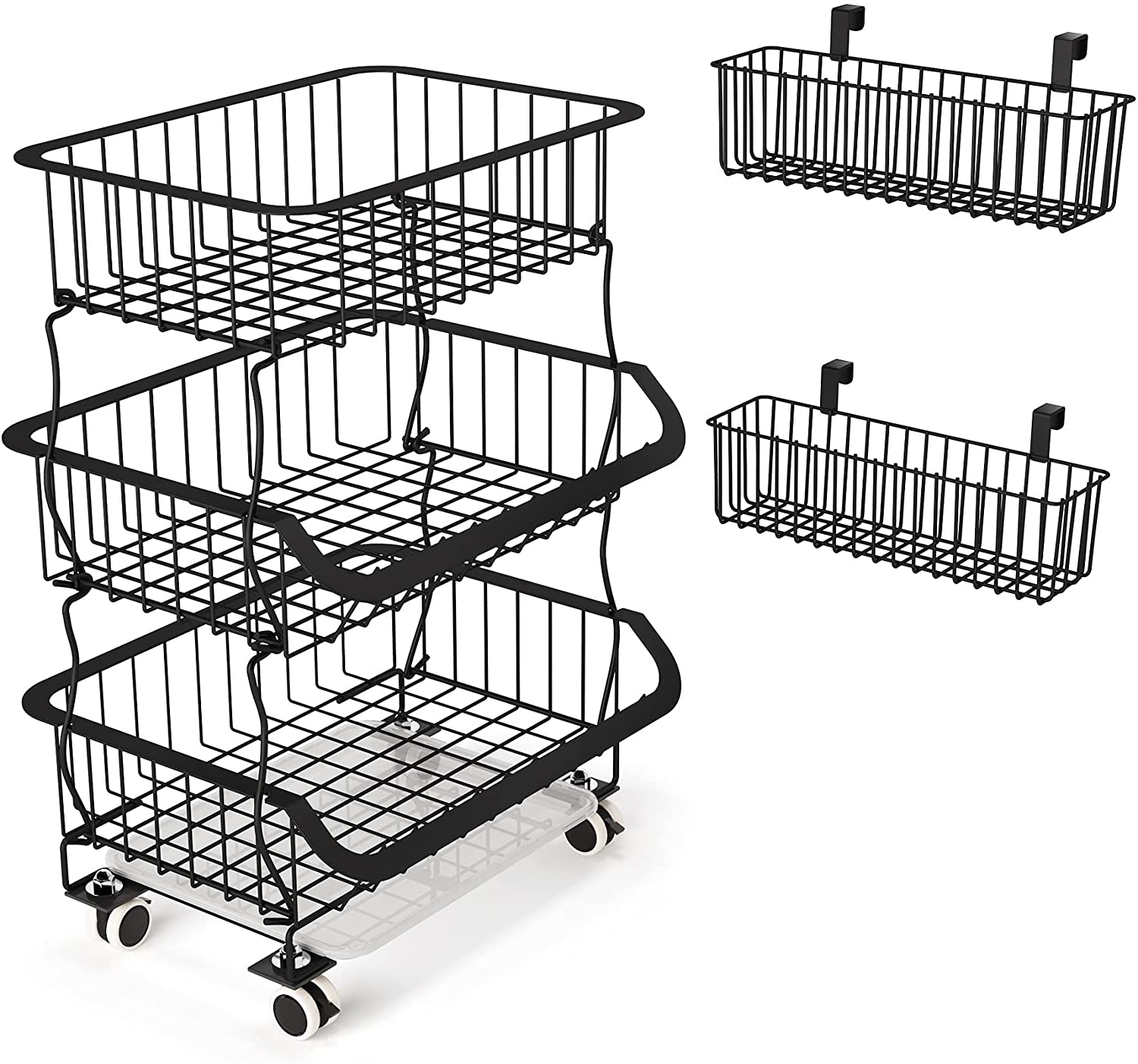 Fruit Basket， 3 Tier Stackable Metal Wire Basket Cart with Rolling Wheels， Utility Rack for Kitchen， Pantry， Garage， With 2 Free Baskets (3 tier)