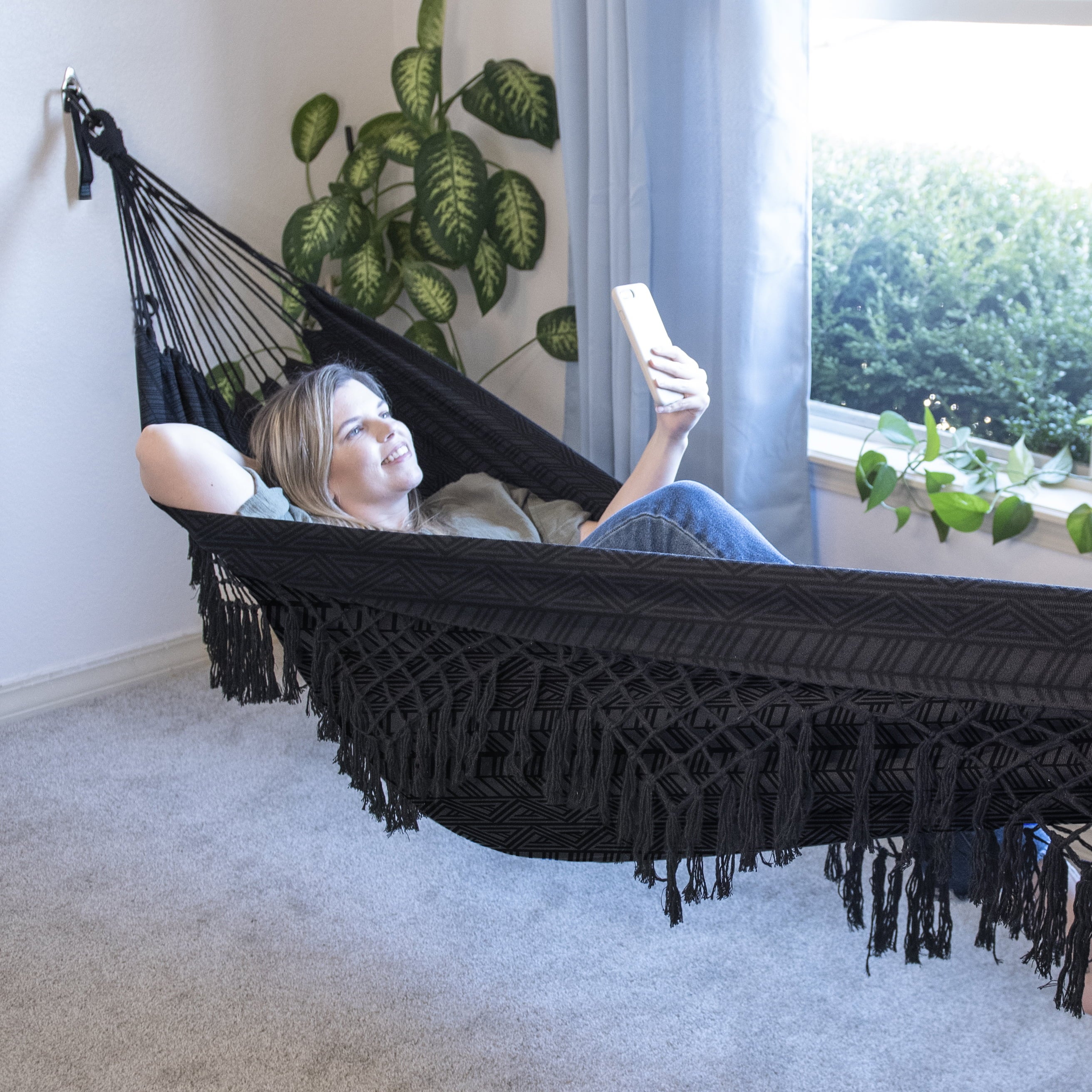 Equip Black Polyester Jacquard Macramé Hammock with Indoor Hanging Kit Bundle, Open Size 81" L x 59" W