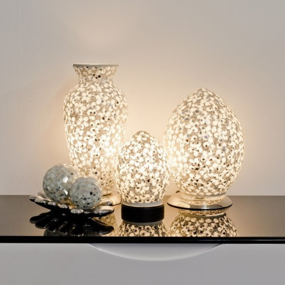 Britalia 880424 White Flower Mosaic Glass Vintage Egg Table Lamp 30cm