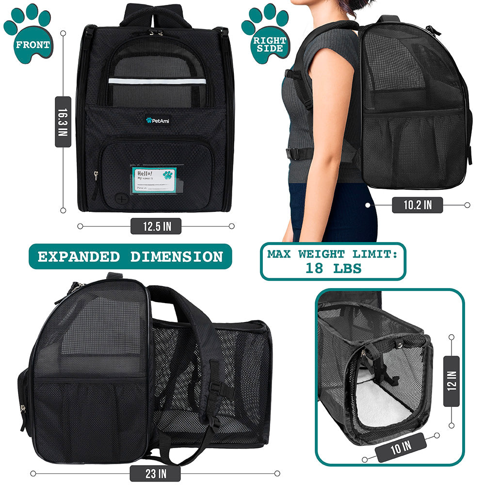 PetAmi Dog Cat Backpack Carrier， Expandable Pet Carrier Backpack for Travel Hiking， Small Medium Dog Puppy Large Cat Carrying Backpack， Airline Approved Ventilated Soft Back Support， 18 lbs， Black