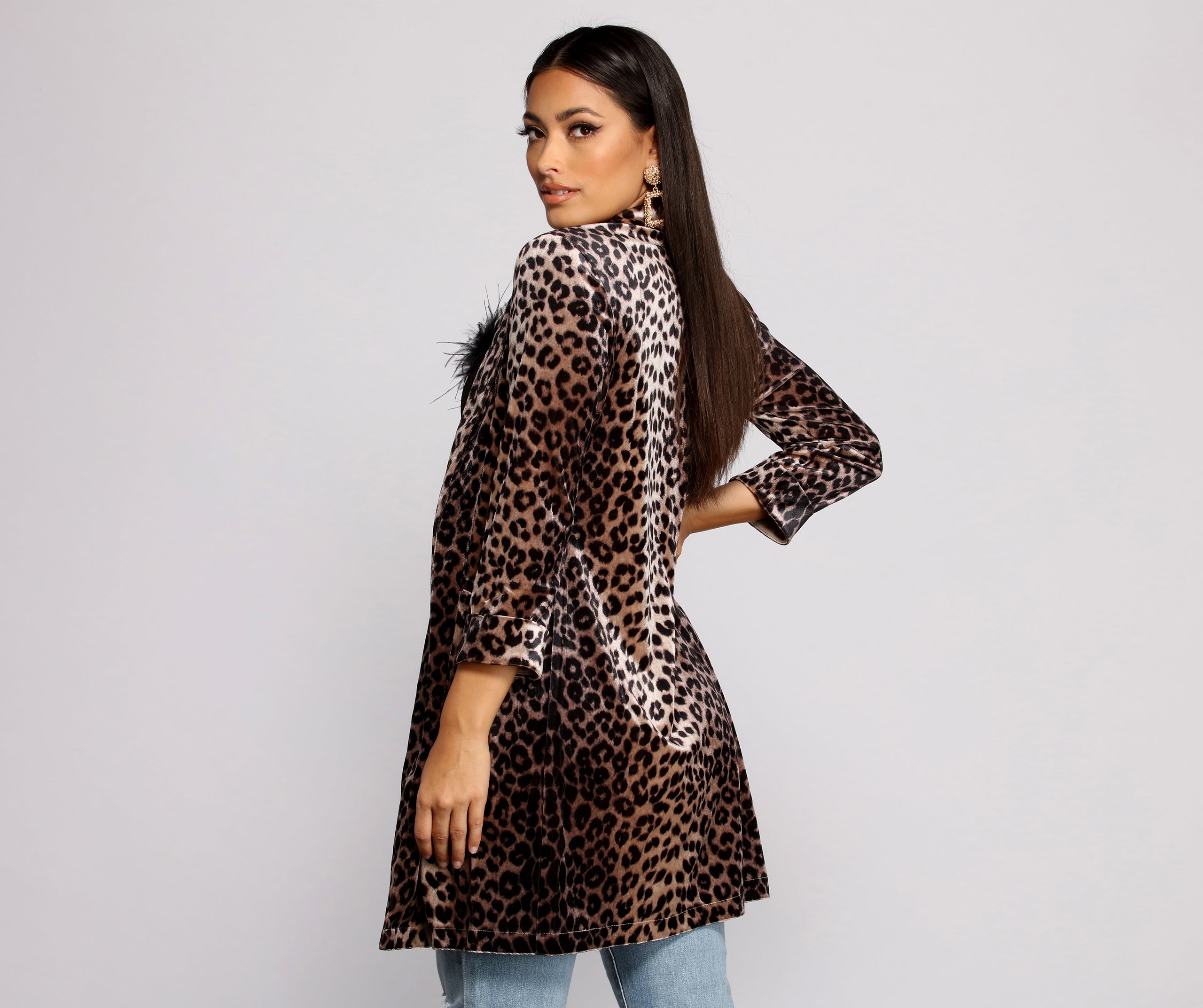 Velvet Leopard Print Long Line Blazer