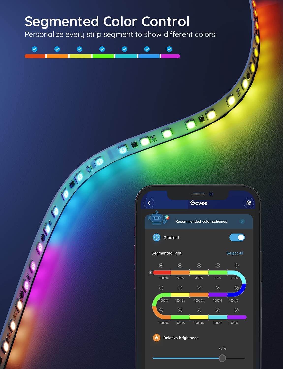 Govee 65.6ft RGBIC LED Strip Lights， Color Changing LED Strips， App Control via Bluetooth， Smart Segmented Control， Multiple Scenes， Enhanced Music Sync LED Lights for Bedroom， Party (2 X 32.8ft)Govee 65.6ft RGBIC LED Strip Lights， Color Changing LED Stri