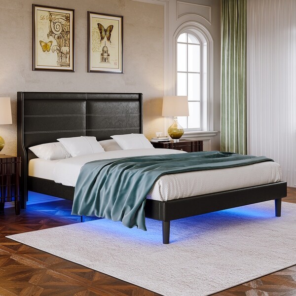 Stylish Queen Size PU Leather Frame Platform Upholstered Bed with Lights Stitched Wing-backed Headboard