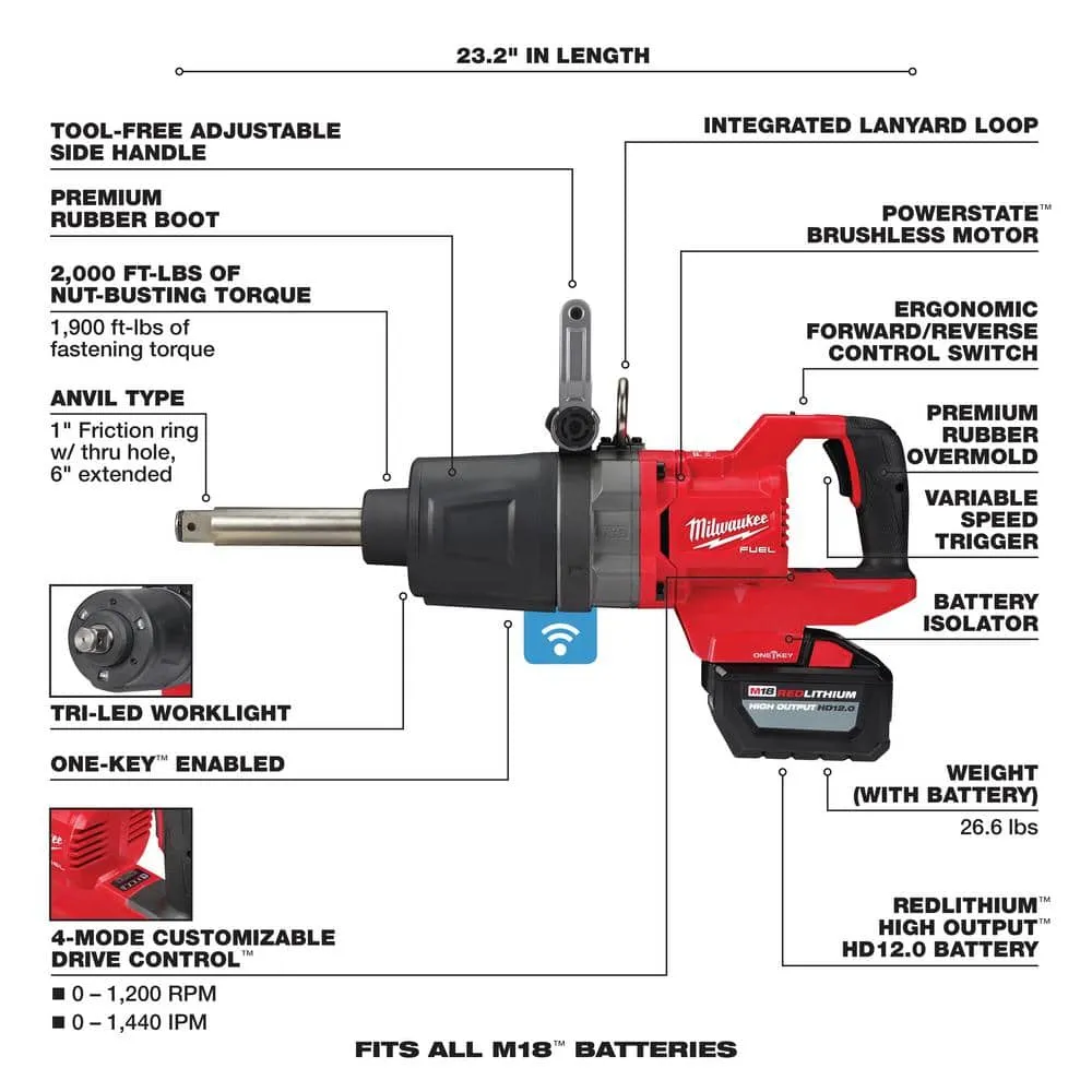 Milwaukee M18 FUEL 18V Lithium-Ion Brushless Cordless 1 in. Impact Wrench Extended Reach D-Handle Kit w/Two 12.0 Ah Batteries 2869-22HD