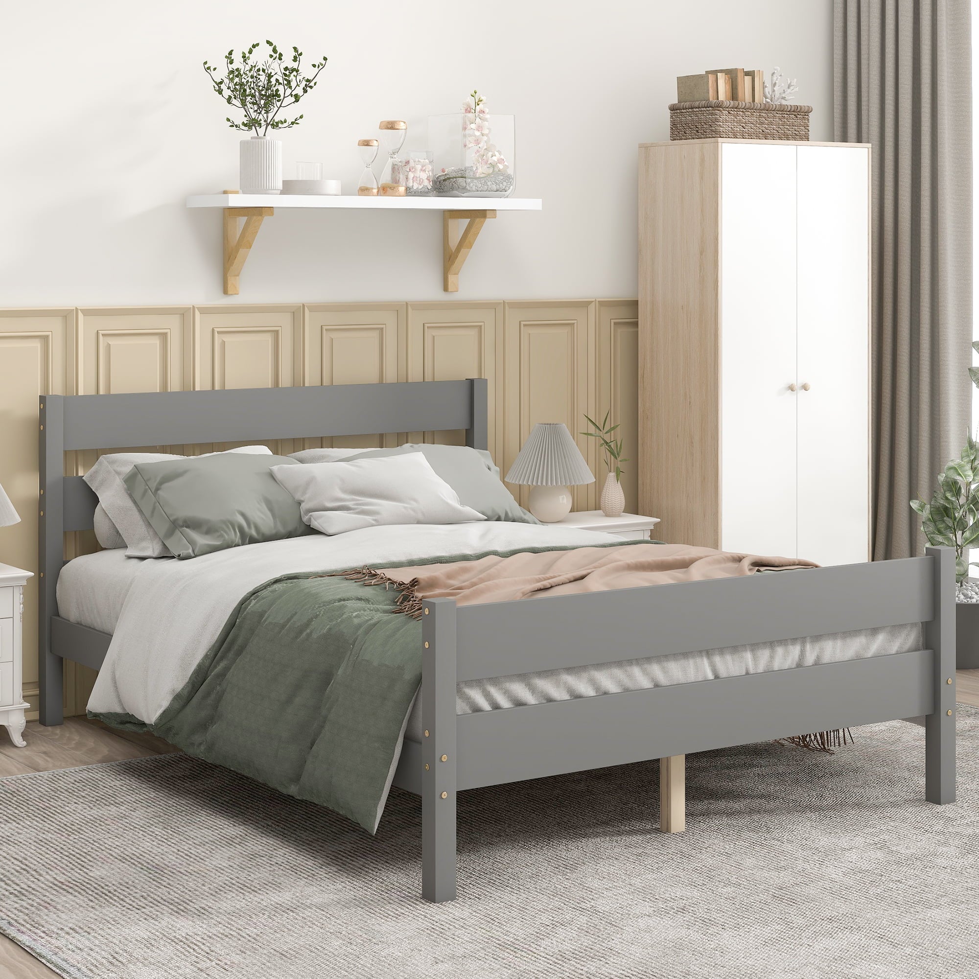 SYNGAR Gray Full Bed Frame with Headboard and Footboard, Modern Wood Bed Single Bed for Kids Adults, No Box Spring Needed Panel Bed, Wood Slat Support Mattress Foundation