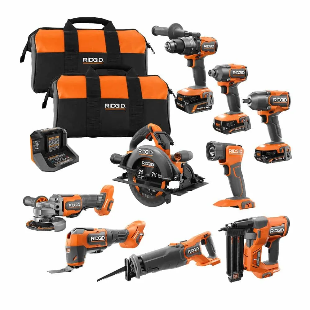 RIDGID 18V Brushless Cordless 9-Tool Combo Kit with (2) 2.0 Ah and (1) 4.0 Ah MAX Output Batteries, Charger, and Tool Bag R96265N