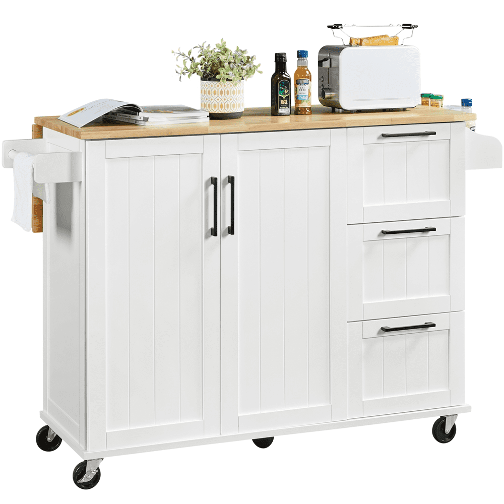 Topeakmart Wood Top Rolling Kitchen Cart Island with Storage Cabinet and 3 Drawers and Spice Rack， White