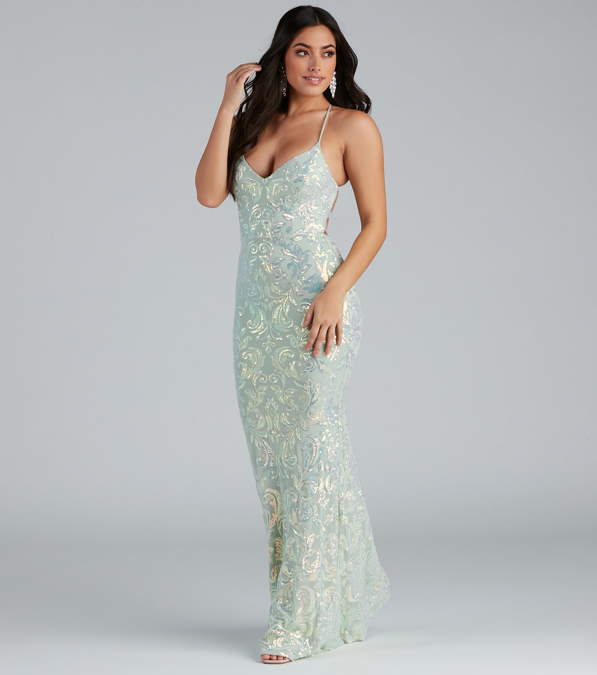 Christal Sequin Strappy Mermaid Formal Dress