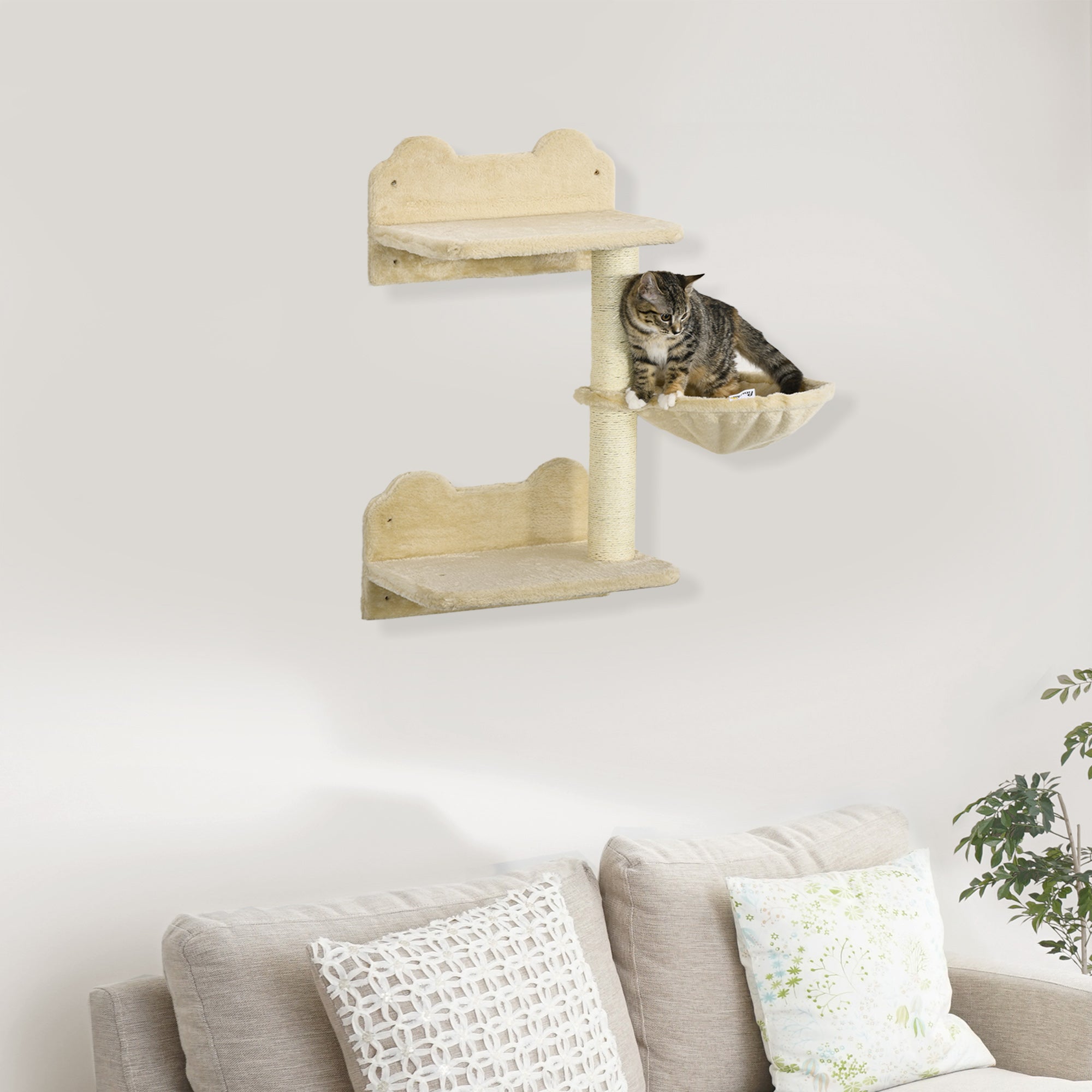PawHut Wall-Mounted Cat Tree with Hammock for a Cute Cat Bed， Modern Cat Tree with Scratching Post and Cat Shelves， Climbing Playground Kitty Tower