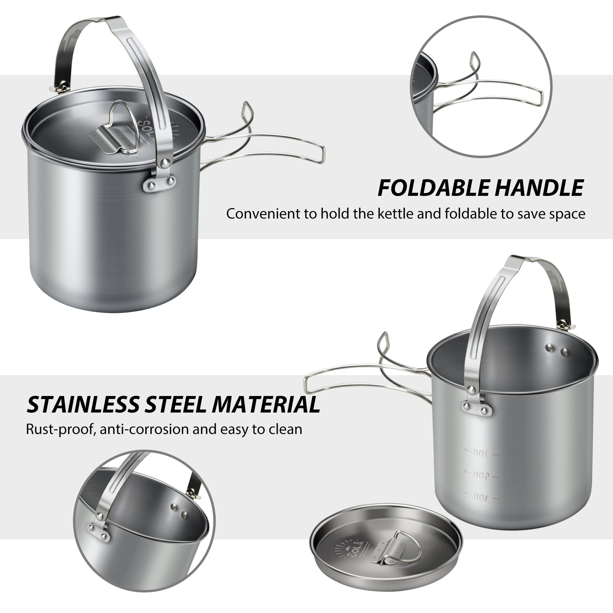 Tomfoto 5PCS Stainless Steel Kettle with 2 Cups 2 Bowls Foldable Handles Lid Large Capacity Portable Tea Coffee Water Cooking Pot for Camping Hiking Picnic Outdoors