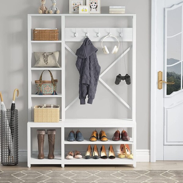 Bluebell 4-in-1 Entryway Hall Tree with Storage Shelves 5 Hooks， White - - 36030454
