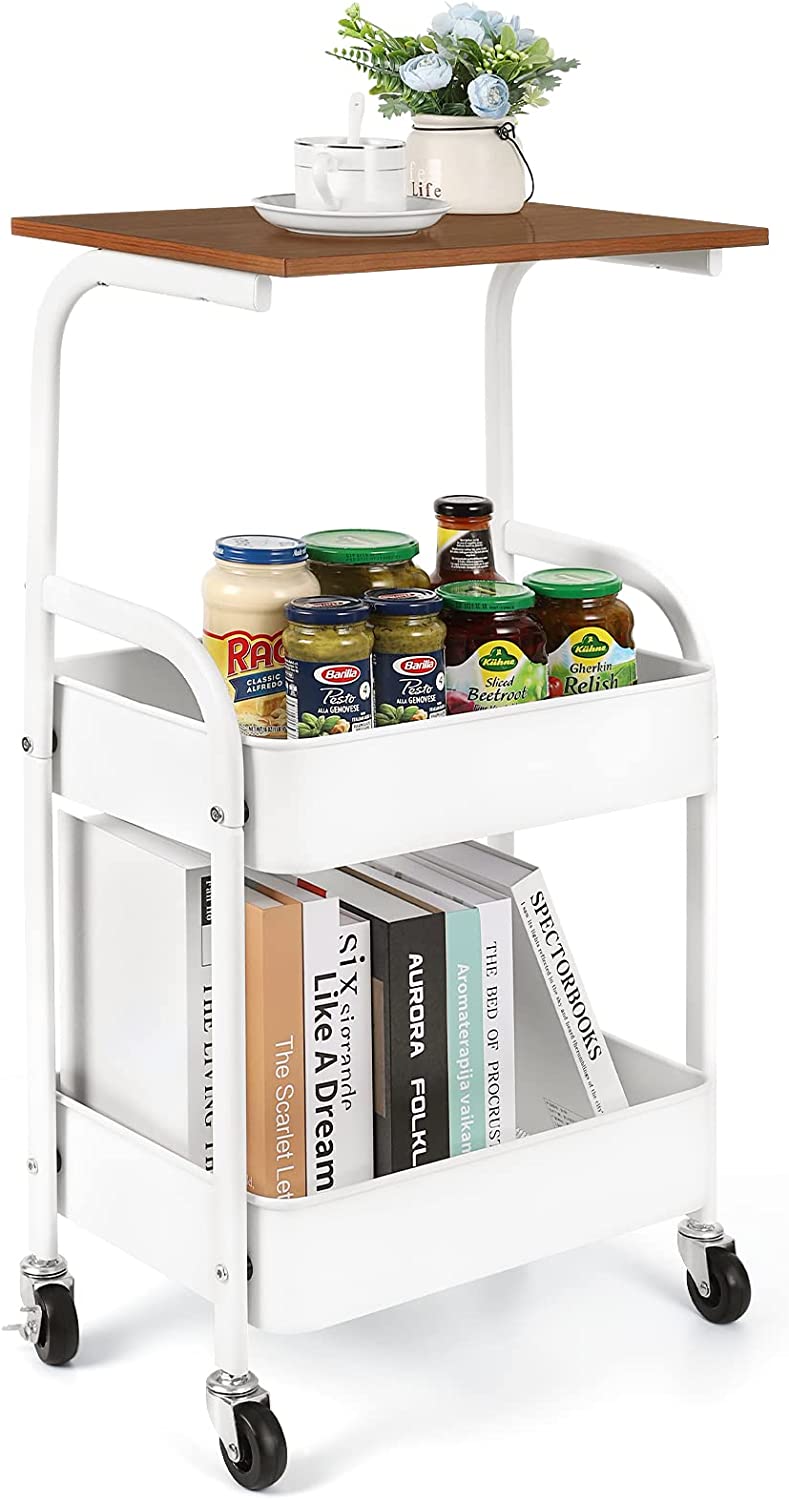 Kitchen Rolling Storage Cart， 3-Tier Slim Storage Cart with Wheels， Mobile Utility Cart with Wooden Tabletop， White