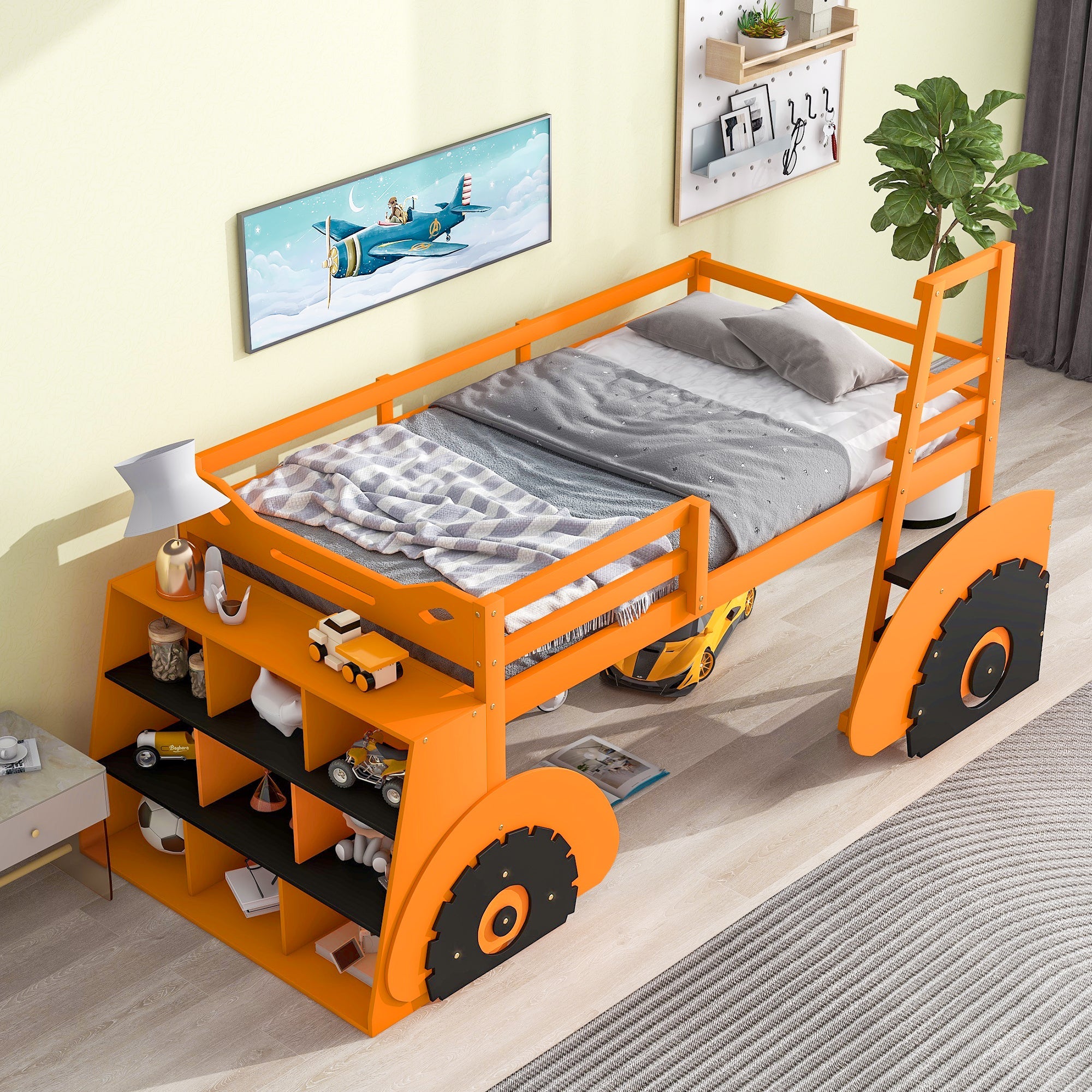 Pine Wood Car-Shaped Low Loft Bed with Shelf for Kids Bedroom, Orange