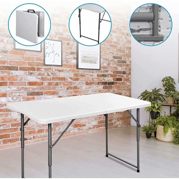 AEDILYS 4 ft Camping and Utility Folding Table Height Adjustable - White