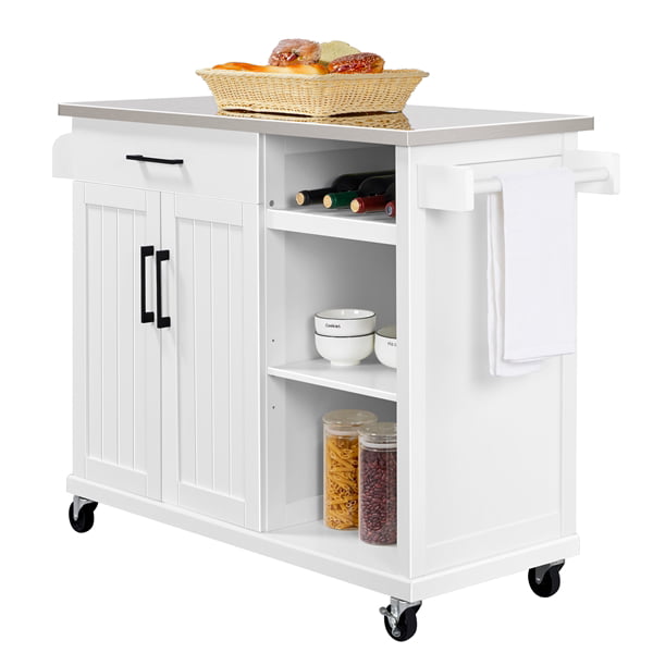 Easyfashion Rolling Kitchen Island Cart with Stainless Steel Top and Storage， White