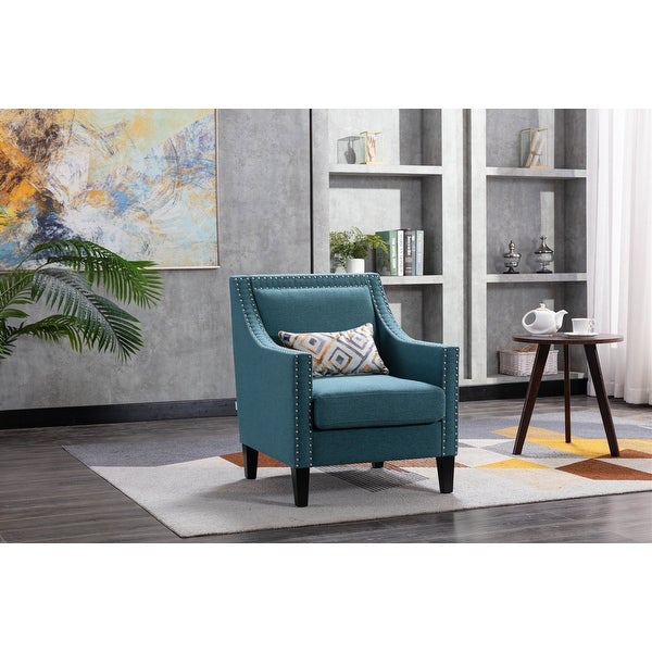 Modern Armchair Living Room Linen Fabric Padded Seat Accent Chair Removable Cushion Seat with Nailheads and Solid Wood Legs