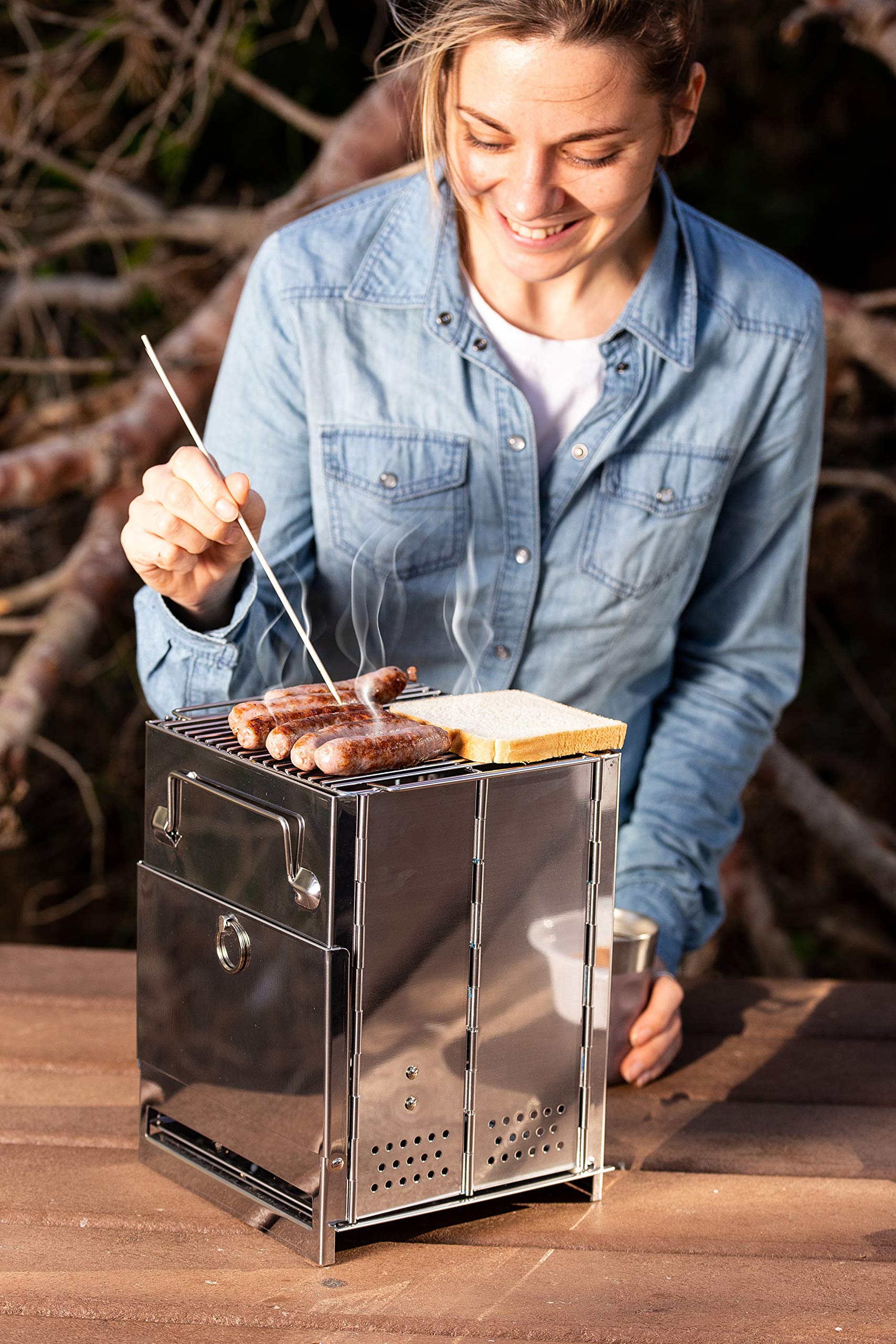 Zento Deals Wood Burning Folding Camp Stove, Stainless Steel, Foldable Grill Survival, Easy to Carry, Large Portable Backpacking for Hiking Camping and BBQ, for Grilling, Cooking, and Reheating