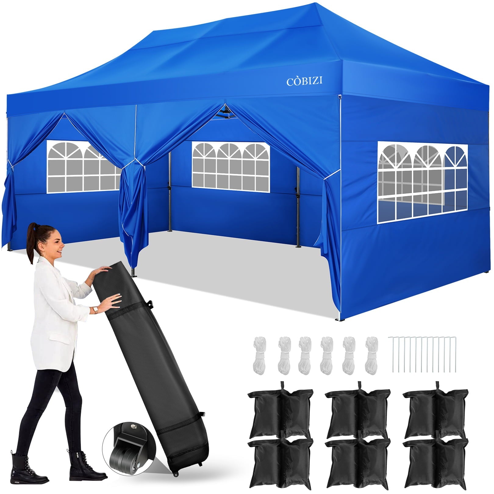 10'x20' Canopy EZ Pop Up Canopy Anti-UV Waterproof Outdoor Tent Portable Party Commercial Instant Canopy Shelter Height Adjustable Tent Gazebo with 6 Removable Sidewalls, 6 Sandbags, Roller Bag, Blue