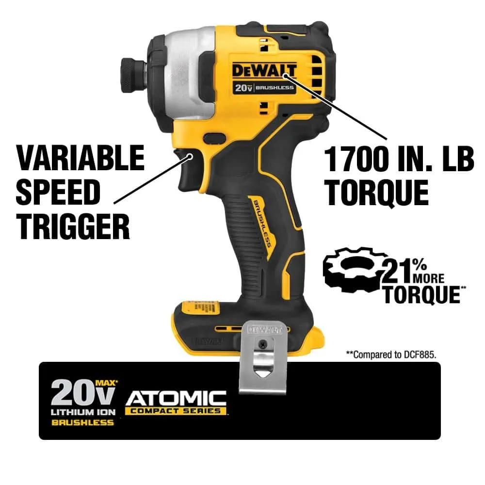 DEWALT ATOMIC 20V MAX Cordless Brushless Compact 1/4 in. Impact Driver, (2) 20V 1.3Ah Batteries, Charger, and Bag DCF809C2