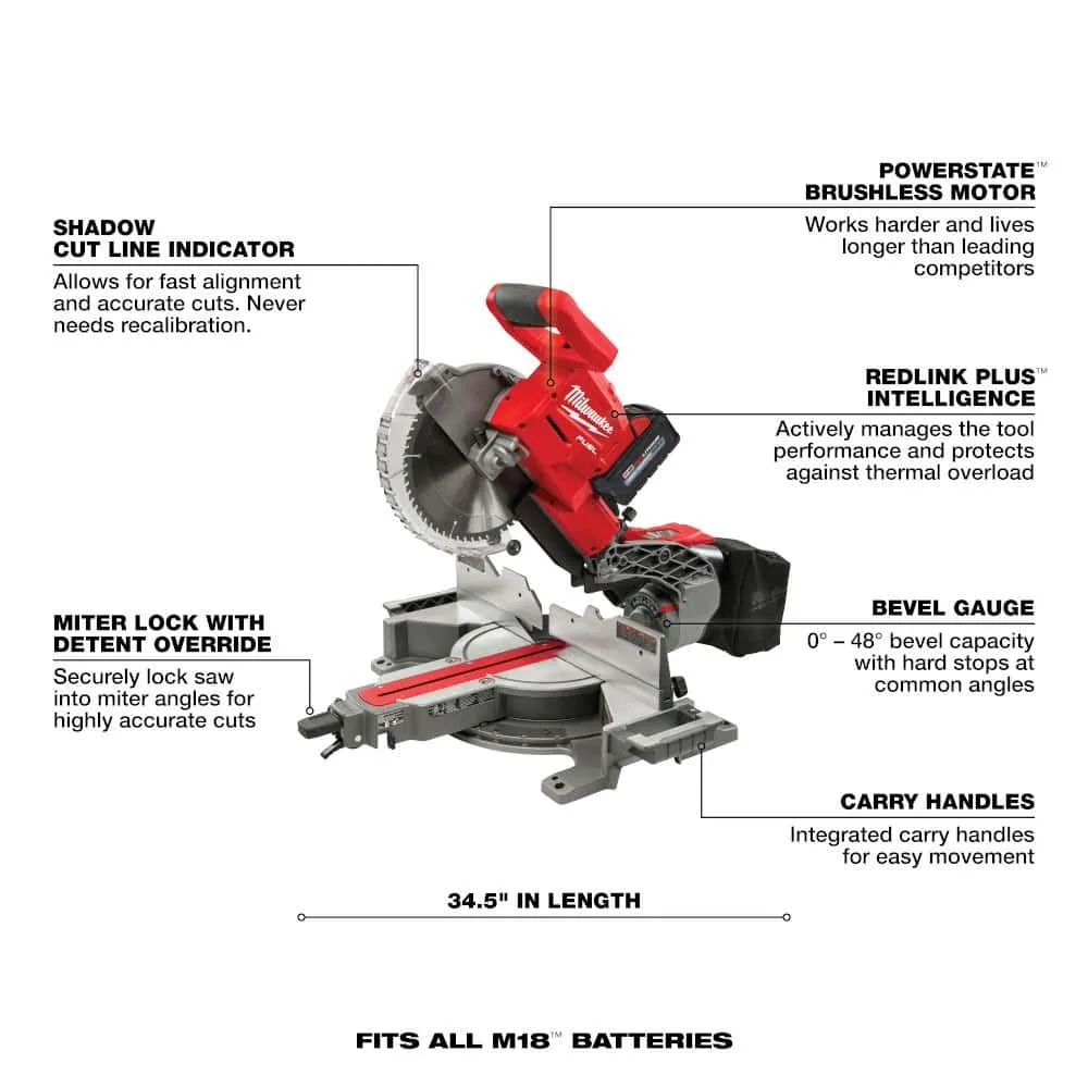 Milwaukee M18 FUEL 18V 10 in. Lithium-Ion Brushless Cordless Dual Bevel Sliding Compound Miter Saw Kit w/(2) 8.0 Ah Batteries 2734-21-48-11-1880