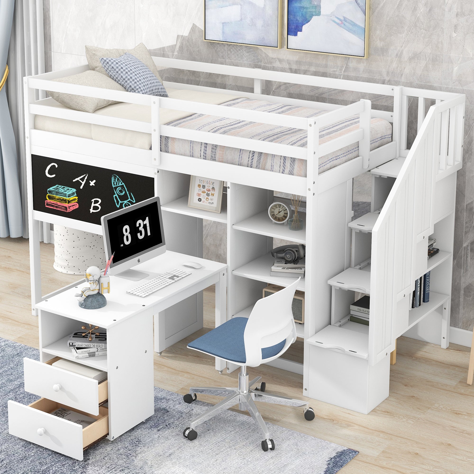 Pine Wood Loft Bed with Storage Staircase, Desk, Drawers and Blackboard for Kids, Twin, White