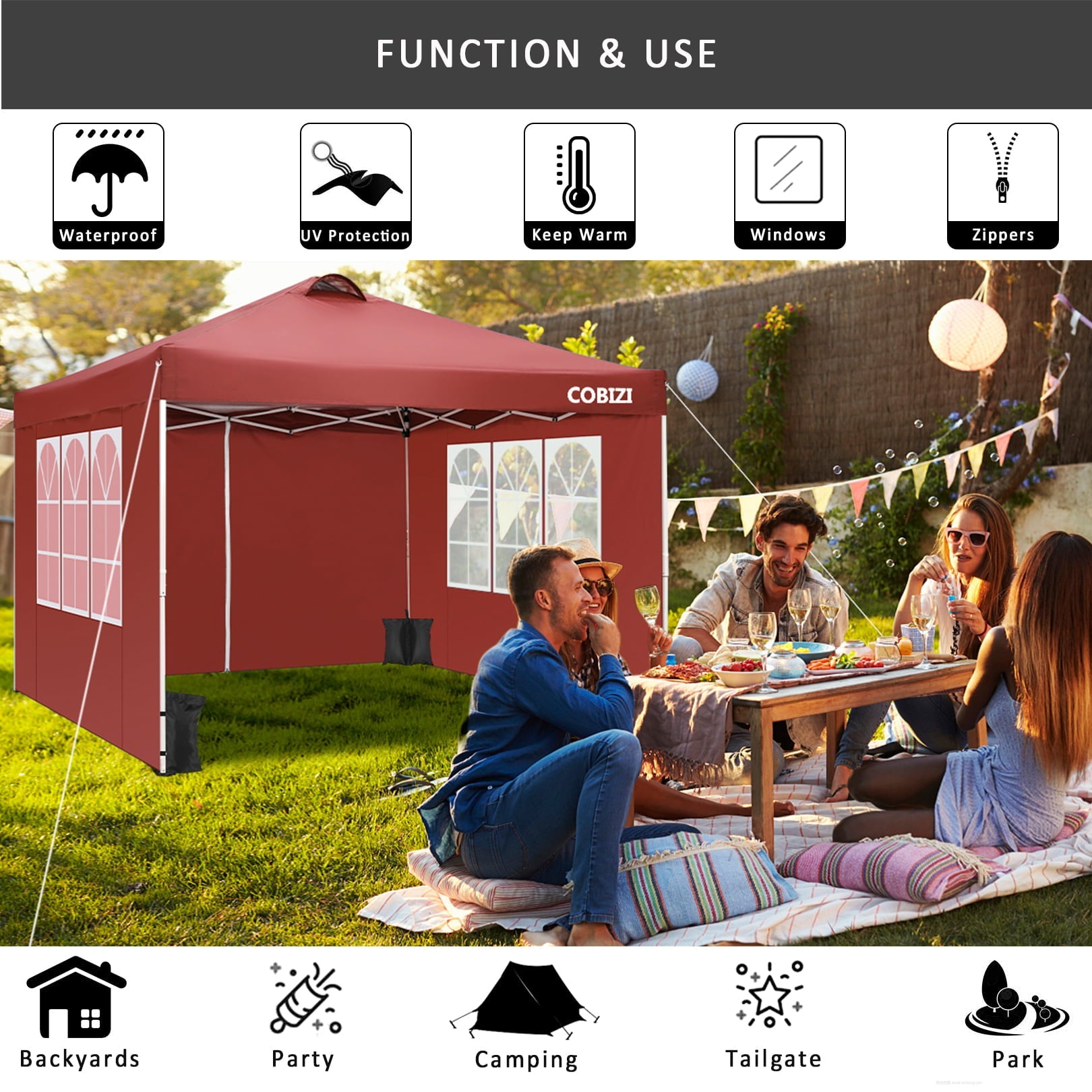 10' x 10' Canopy Tent Party Tent UV/Sun/Rain Protection Straight Leg Instant Pop Up Canopy Tent, Height Ajustable Beach Shade Tent Gazebo w/4 Removable Sidewalls, Carry Bag, 4 Sandbags, Red