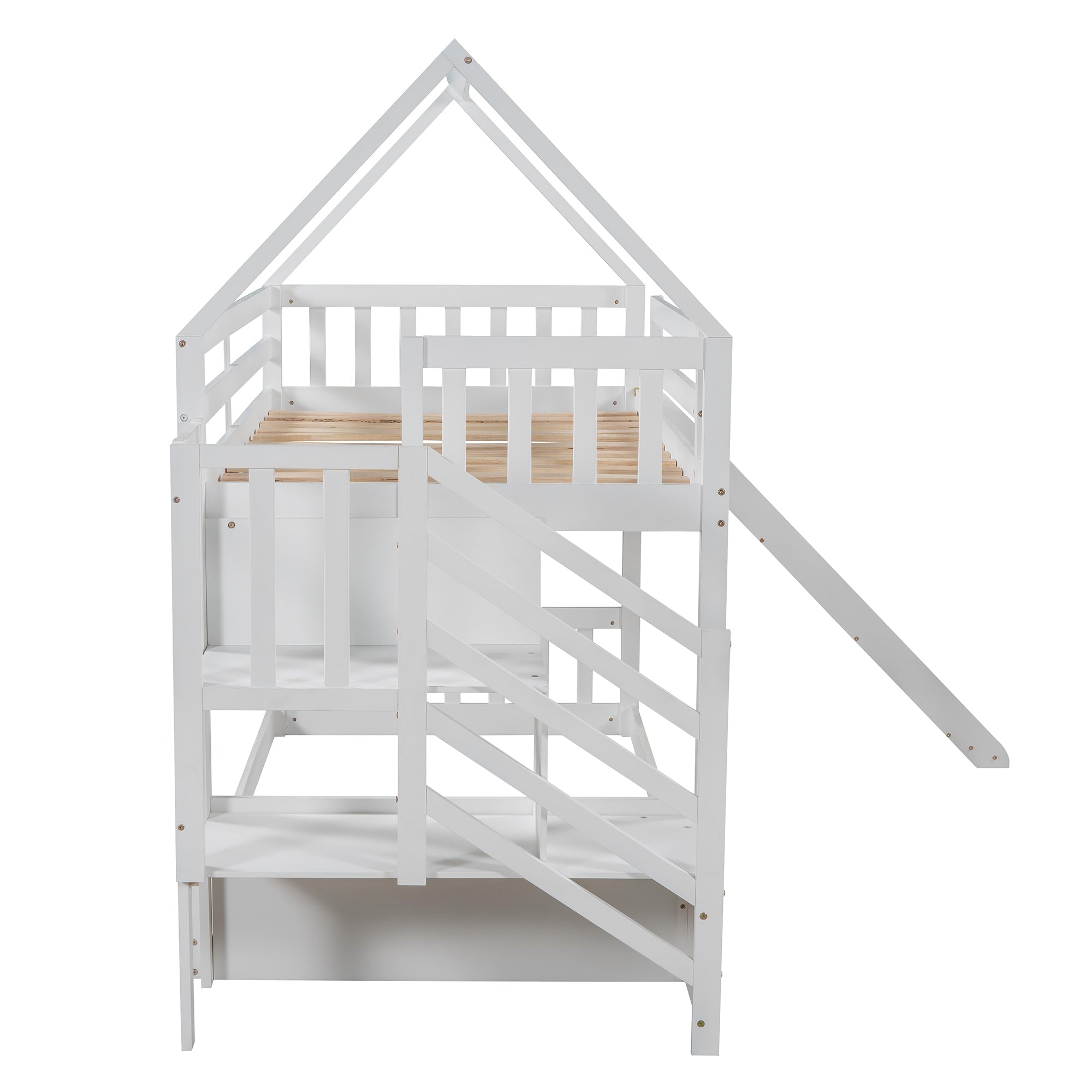 EUROCO Twin over Twin House Bunk Bed with Staircase for Kids Bedroom, White