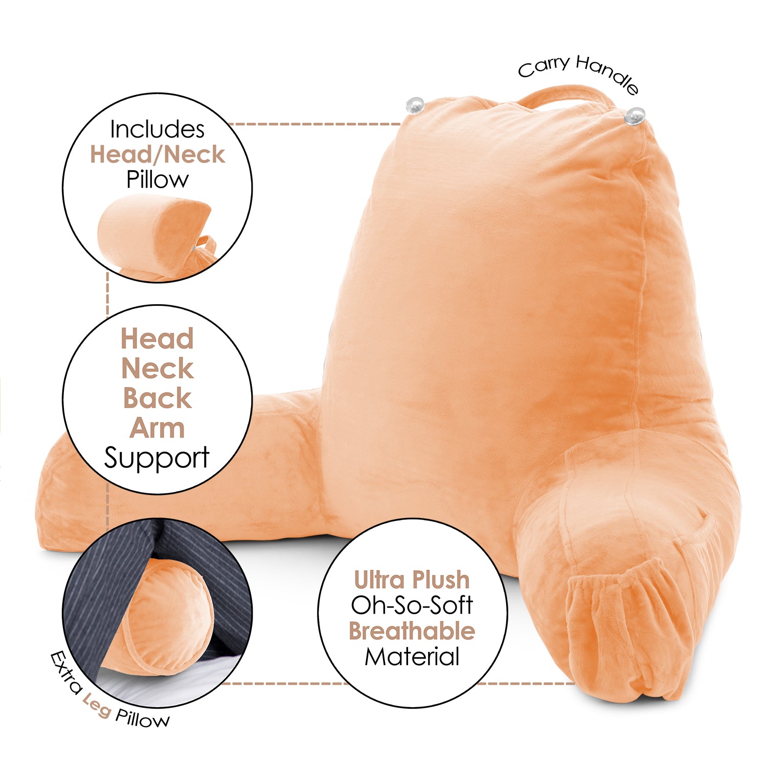 Nestl Reading Pillow, Extra Large Bed Rest Pillow with Arms – Premium Shredded Memory Foam TV Pillow, Detachable Neck Roll & Lumbar Support Pillow - Apricot Buff Orange