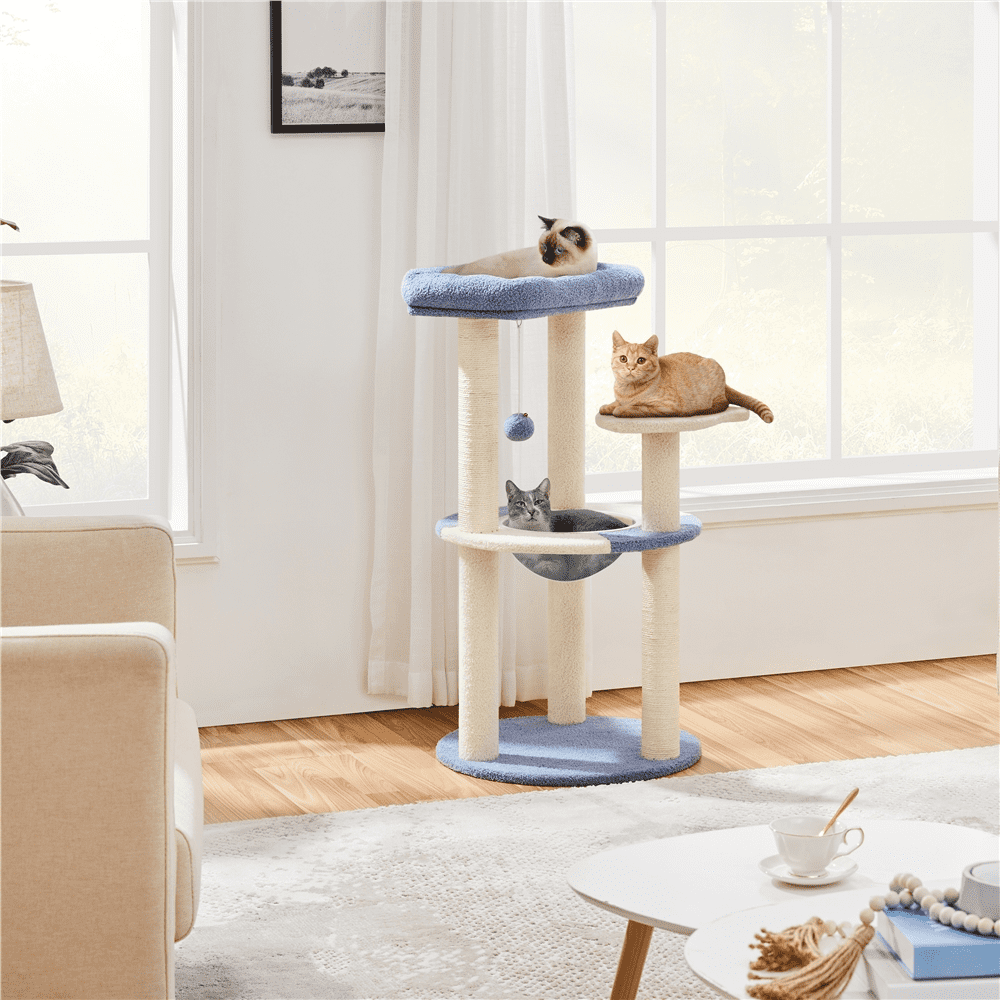 SmileMart 35.5″H Ocean Cat Tree with Padded Perch Natural Sisal for Kittens， Blue/Beige