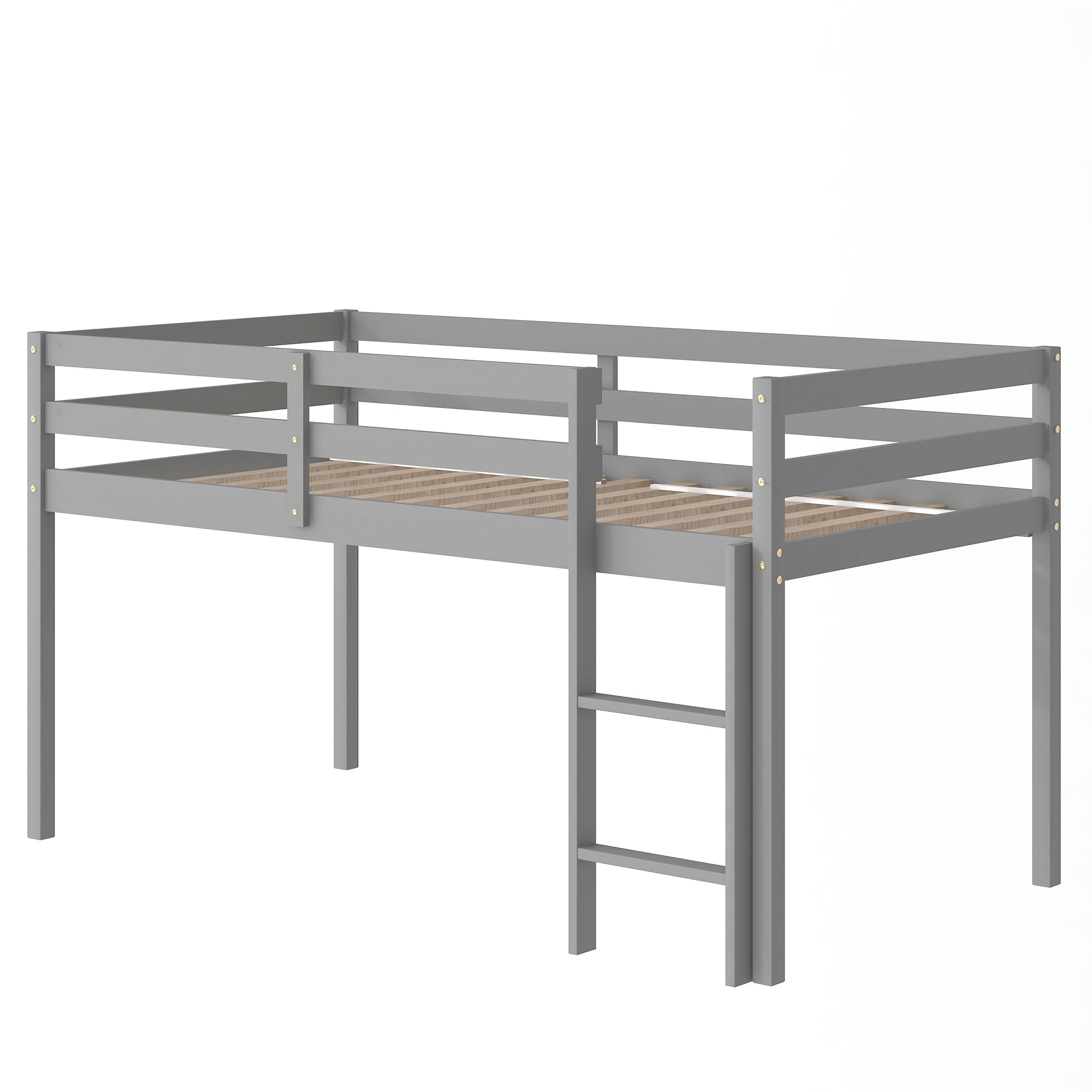 Twin Wood Loft Bed with Full-length Safety Rail and Ladder, Modern Twin Size Loft Bed Frame for Kids Teens Adult, Space Saving Bedroom Low Loft Bed, No Box Spring Needed, Gray, J2319