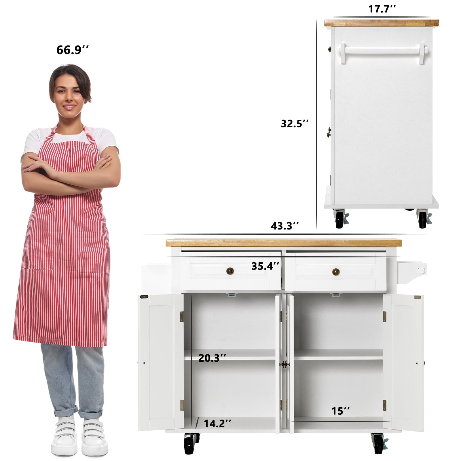 CAIDI Rolling Kitchen Island， Kitchen Cart with Rubber wood Countertop， Lockable Casters， Adjustable Shelves， Matte(White-43.3