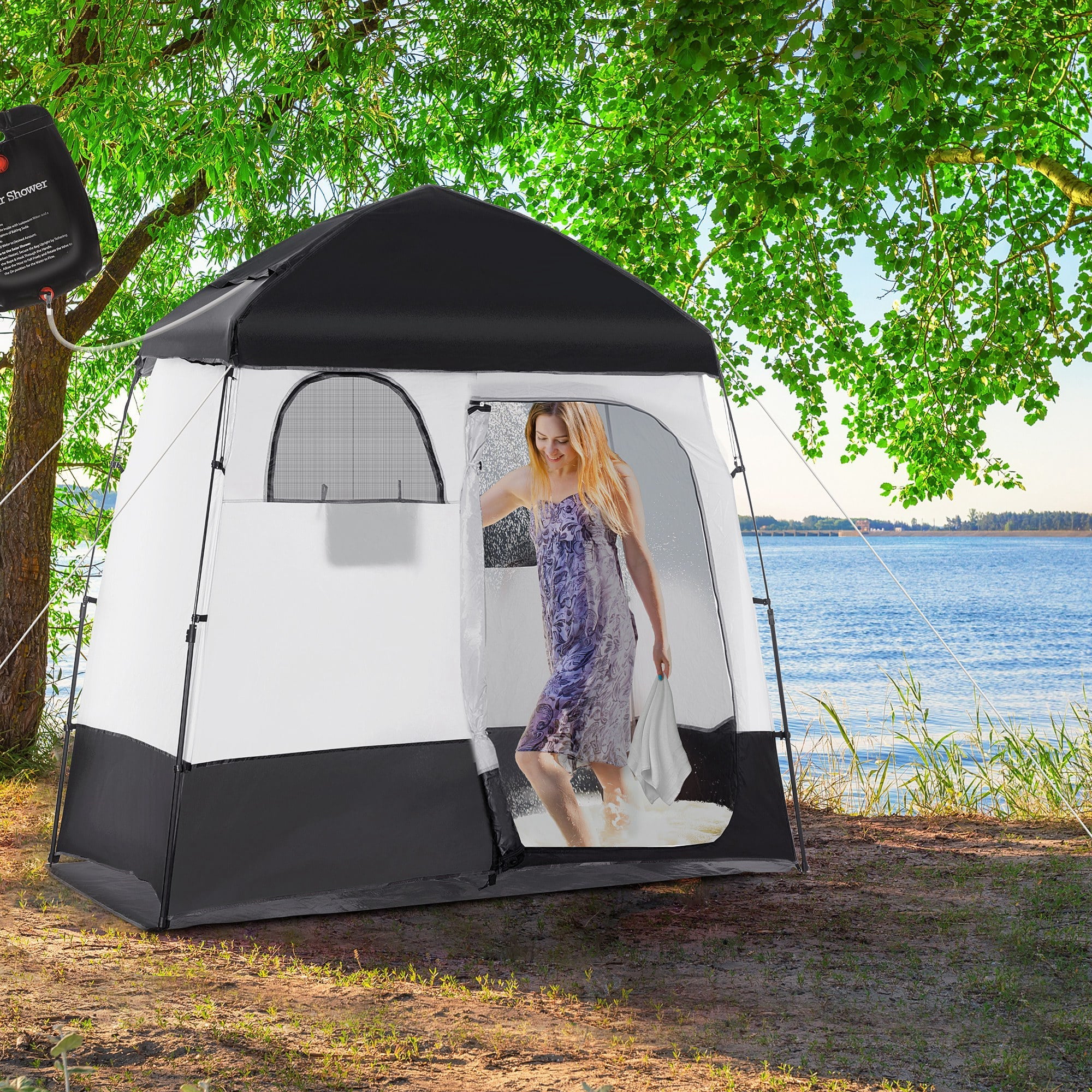 Outsunny Shower Tent, Pop Up Privacy Shelter for Camping, Dressing Changing Room, Portable Instant Outdoor Shower Tent Enclosure w/ 2 Rooms, Shower Bag, Floor and Carrying Bag, Black