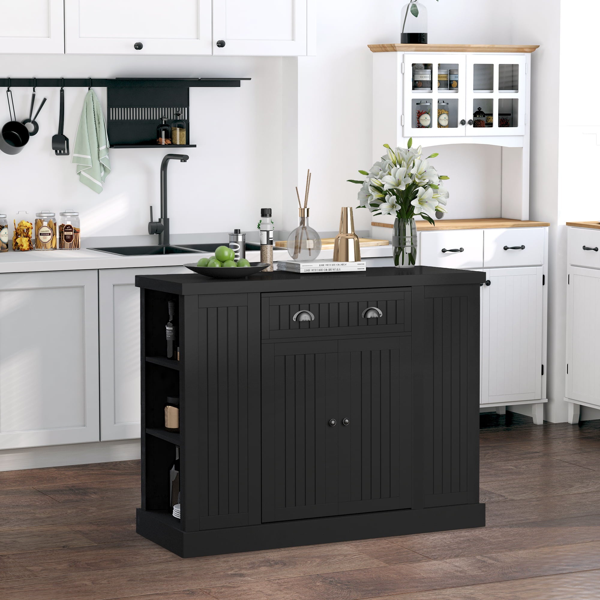 HomCom Fluted-Style Wooden Kitchen Island Storage Cabinet with Drawer， Open Shelving， and Interior Shelving for Dining Room， Black