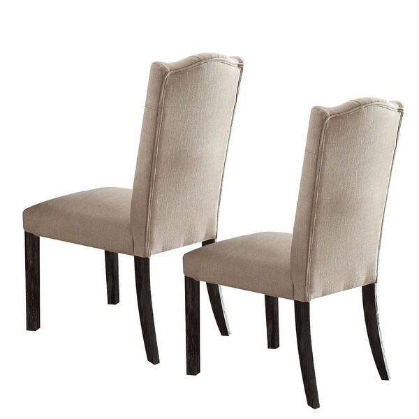 Linen Upholstered Wooden Side Chair with Button Tufting Backrest， Beige and Brown， Set of Two - 41 H x 26 W x 21 L Inches