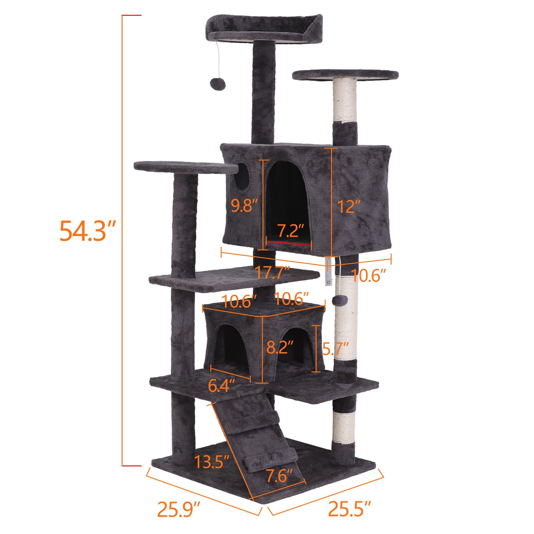 HomGarden 55''H Multi-Level Cat Tree Condo W/Scratching Post Tower and Perch， Play House Dark Gray