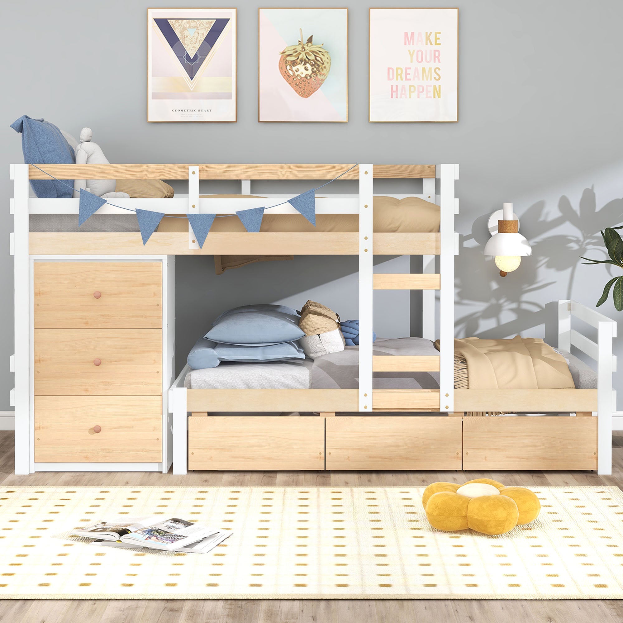 Twin over Twin Bunk Bed with Six Drawers for Kids Room, Natural