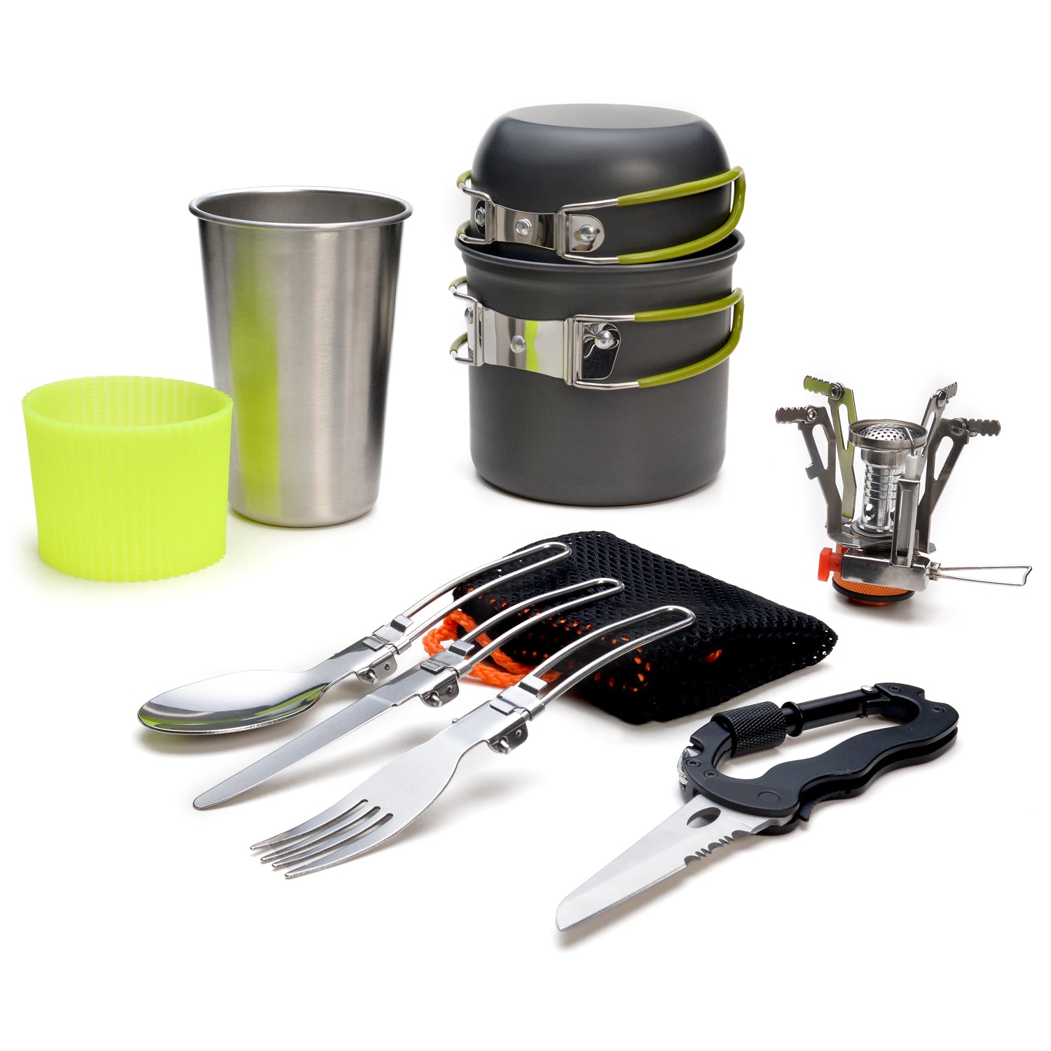 Odoland Camping Cookware Kit, Lightweight Portable Cookware Set with Water Cup, Fork Kit and Multi-functional Carabiner with Knife, Great for Backpacking, Outdoor Camping Hiking and Picnic