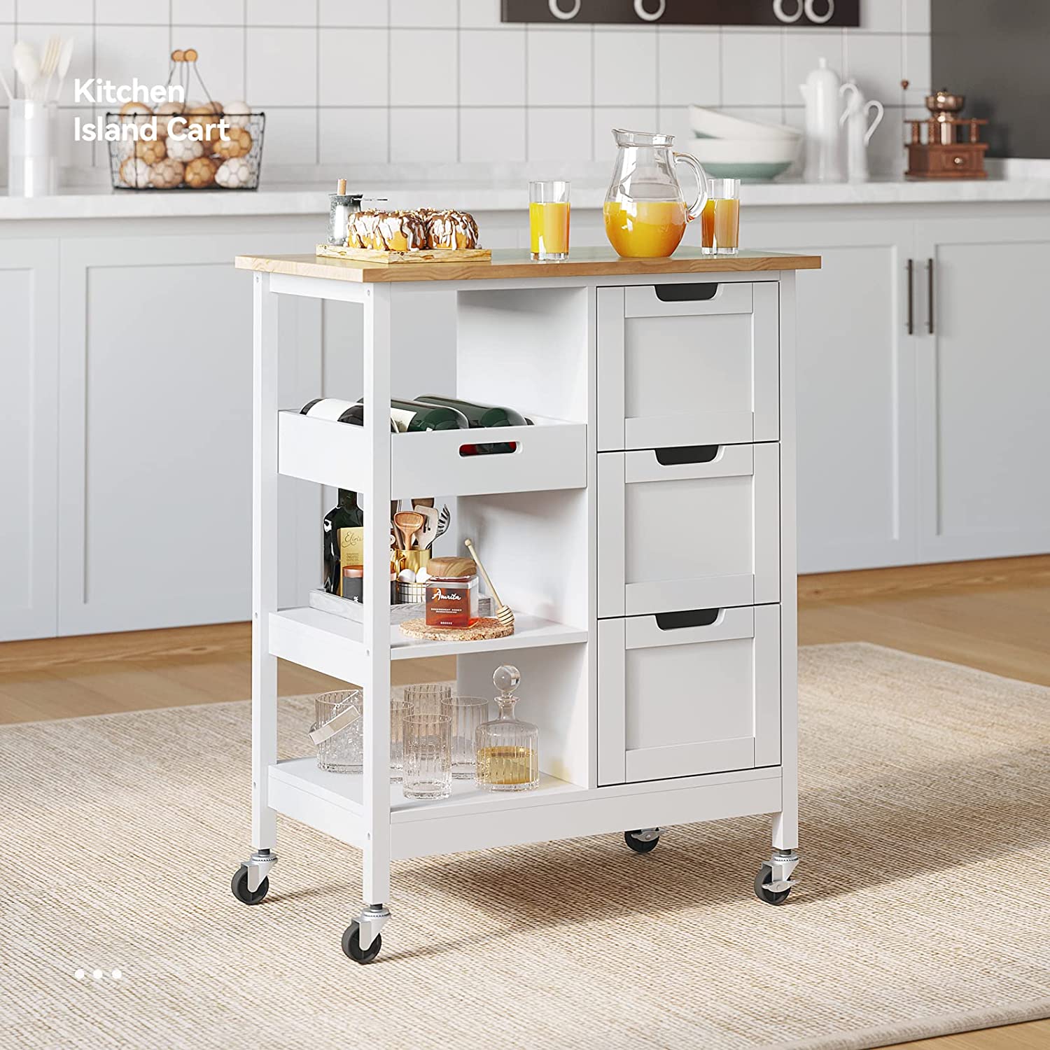 DWVO Kitchen Island Cart with Storage， Rolling Serving Utility Trolley Cart On Wheel with 3 Drawers and 3 Storage Shelves， White