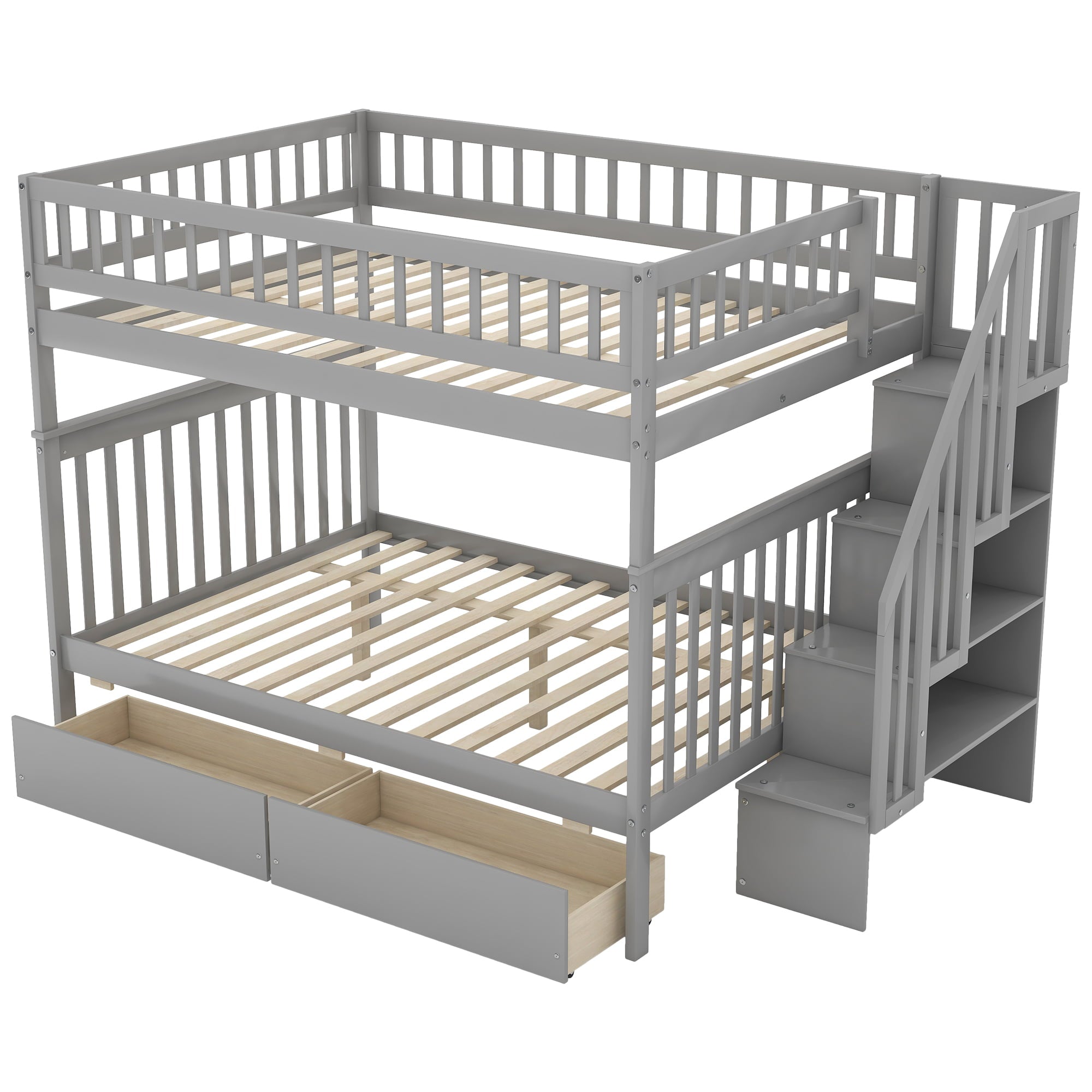 Euroco Full over Full Bunk Bed with Storage Shelves and 2 Under Storage Drawers for Kids Room
