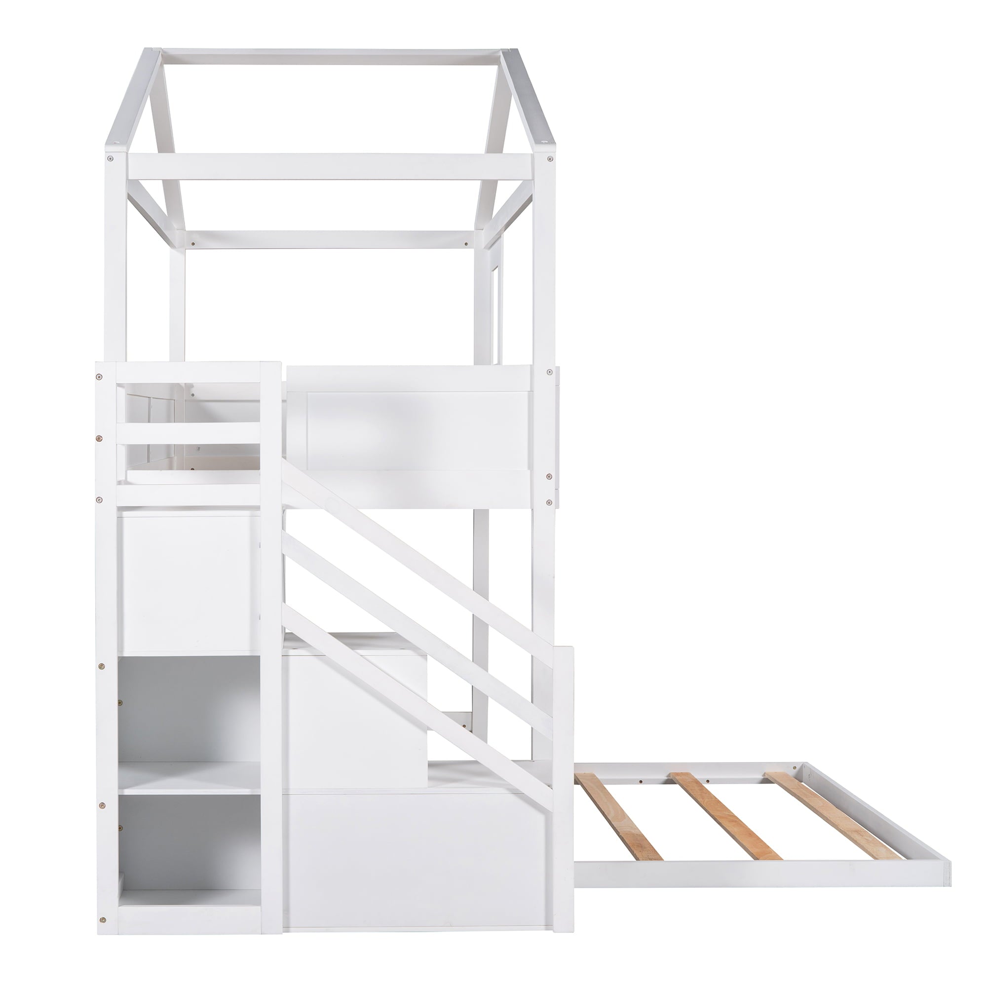 EUROCO Twin over Full House Bunk Bed with Storage Staircase and Blackboard for Kids Bedroom, White
